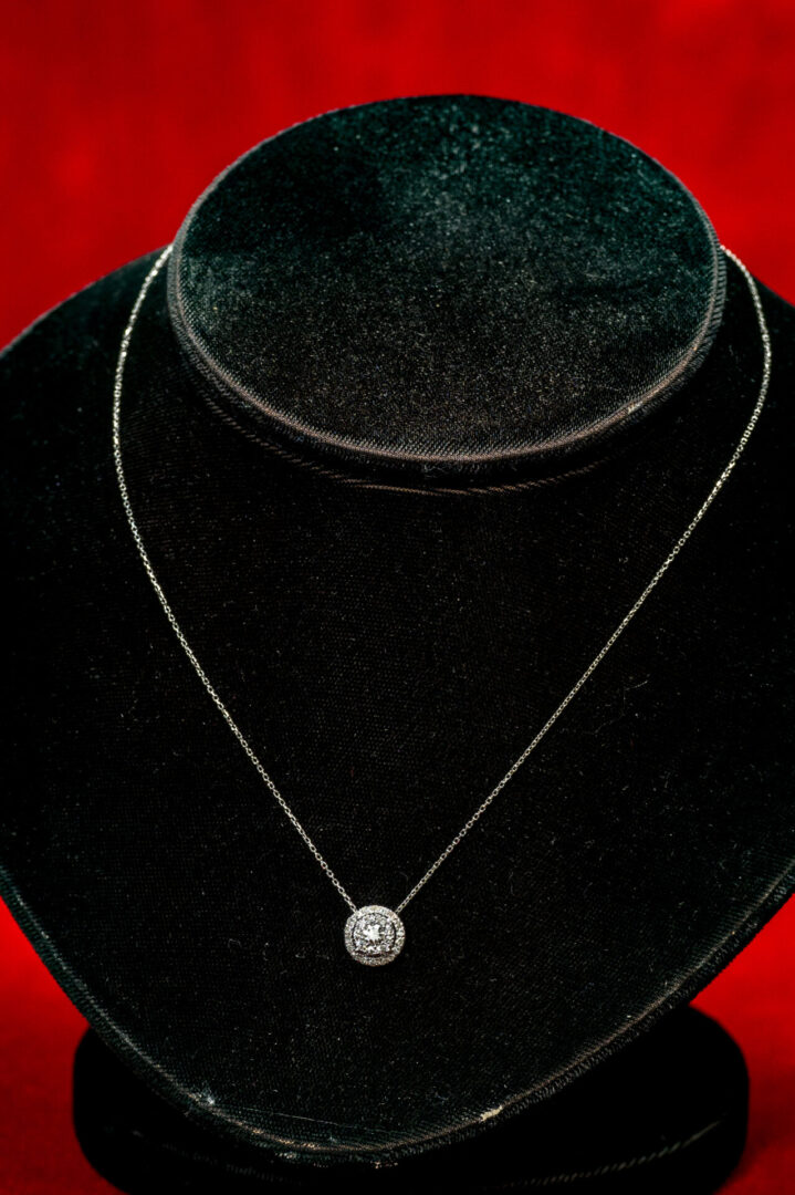 A necklace is displayed on the neck of a woman.